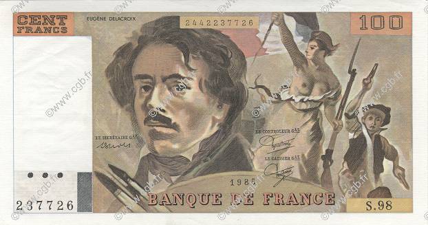 100 Francs DELACROIX modifié FRANCE  1985 F.69.09 SPL