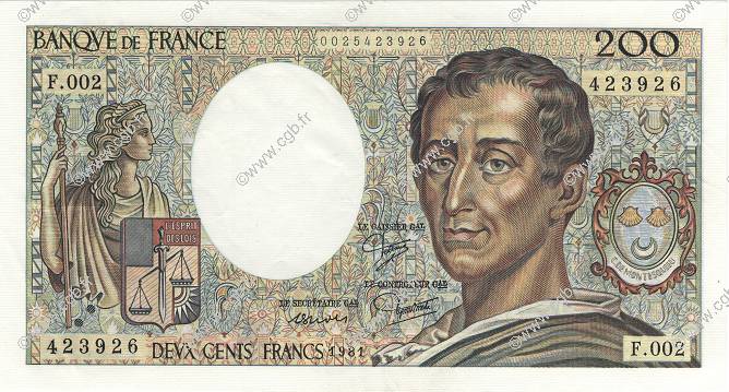 200 Francs MONTESQUIEU FRANCE  1981 F.70.01 SUP
