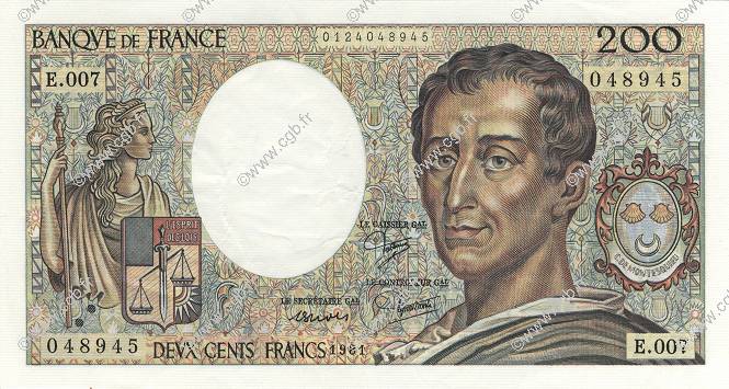 200 Francs MONTESQUIEU FRANCE  1981 F.70.01 SUP+