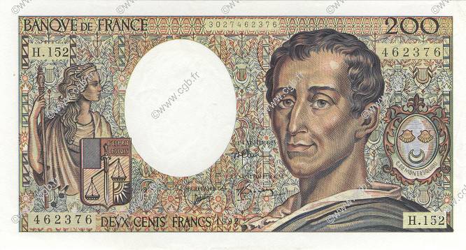 200 Francs MONTESQUIEU FRANCE  1992 F.70.12c AU