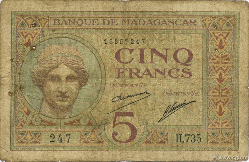 5 Francs MADAGASCAR  1926 P.035 pr.TB