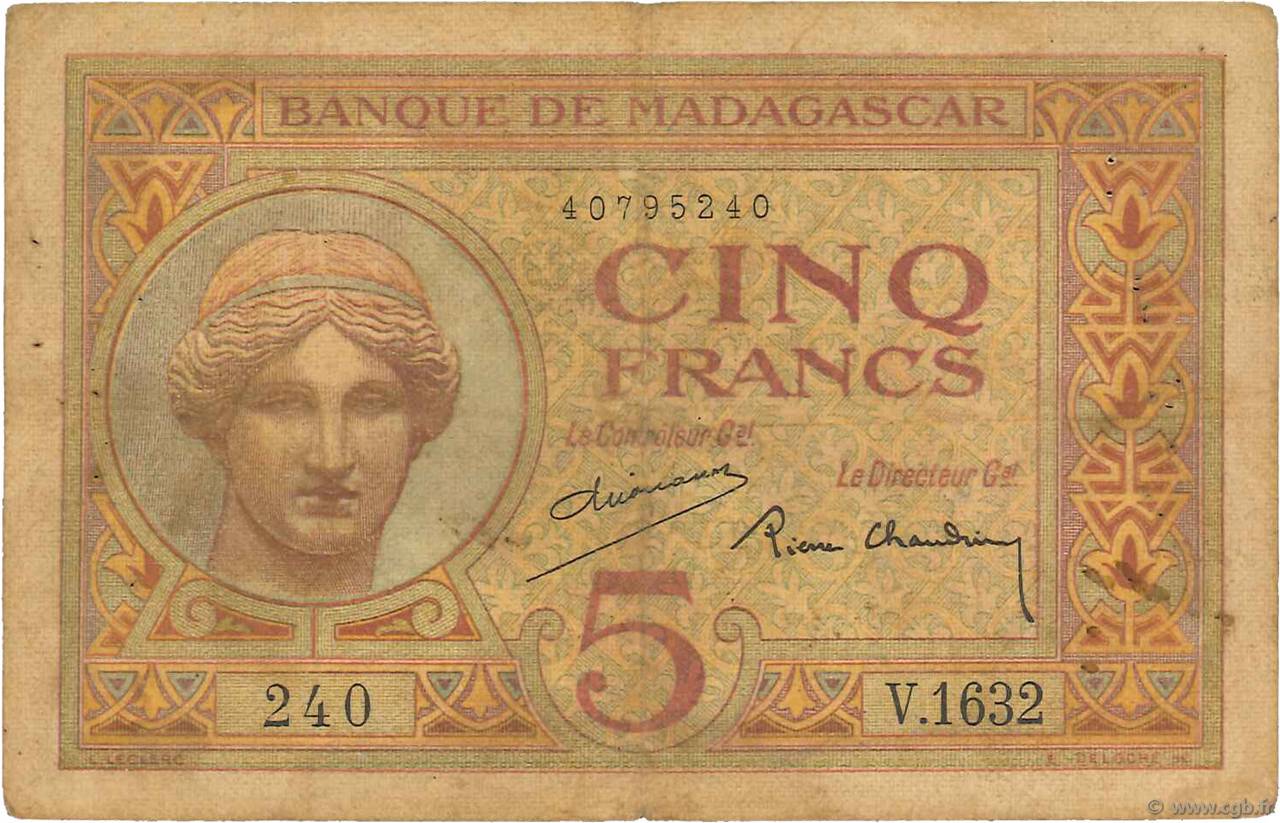 5 Francs MADAGASCAR  1937 P.035 TB