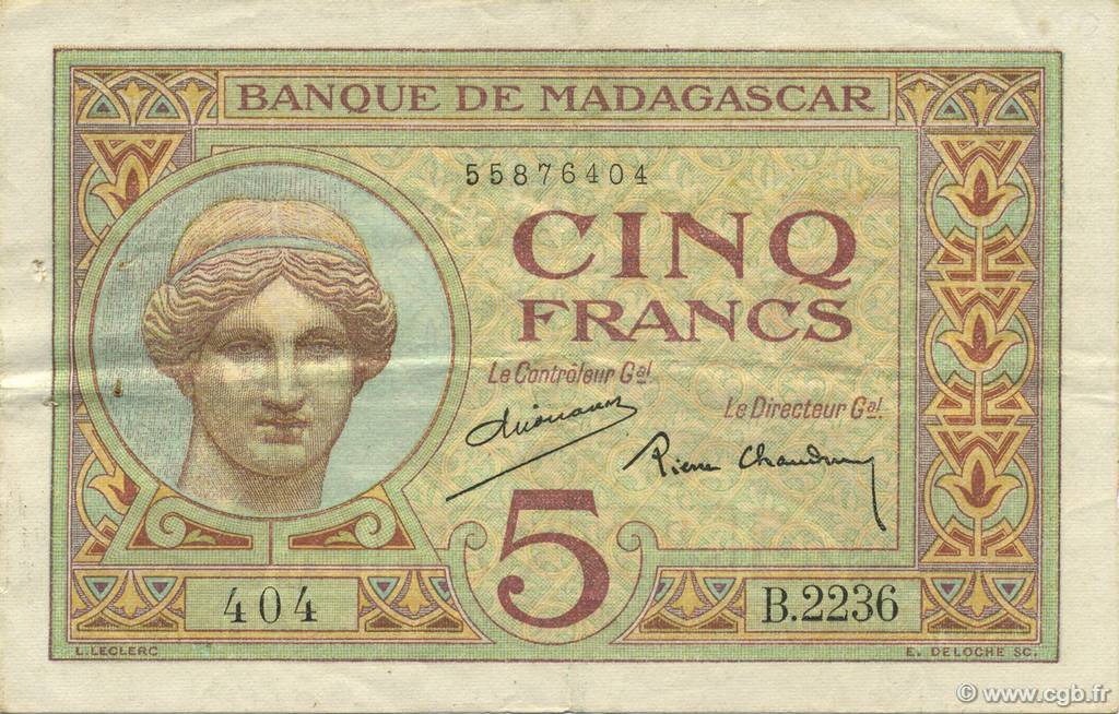 5 Francs MADAGASCAR  1937 P.035 VF+