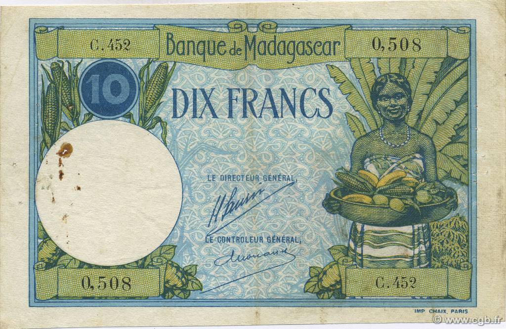 10 Francs MADAGASCAR  1926 P.036 TB