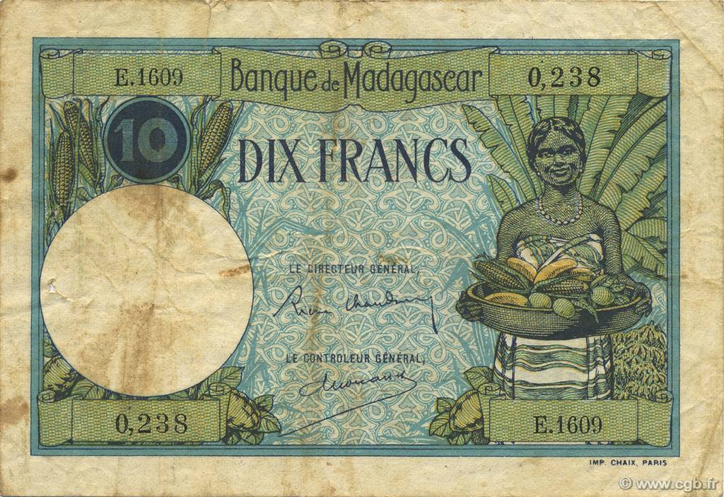 10 Francs MADAGASCAR  1937 P.036 pr.TB