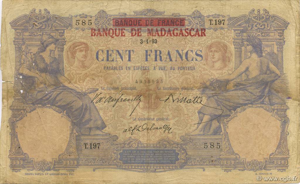 100 Francs Non émis MADAGASCAR  1893 P.034 B+