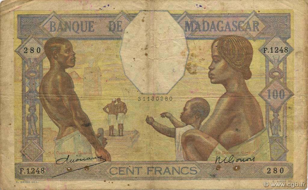 100 Francs MADAGASCAR  1948 P.040 B+ à TB