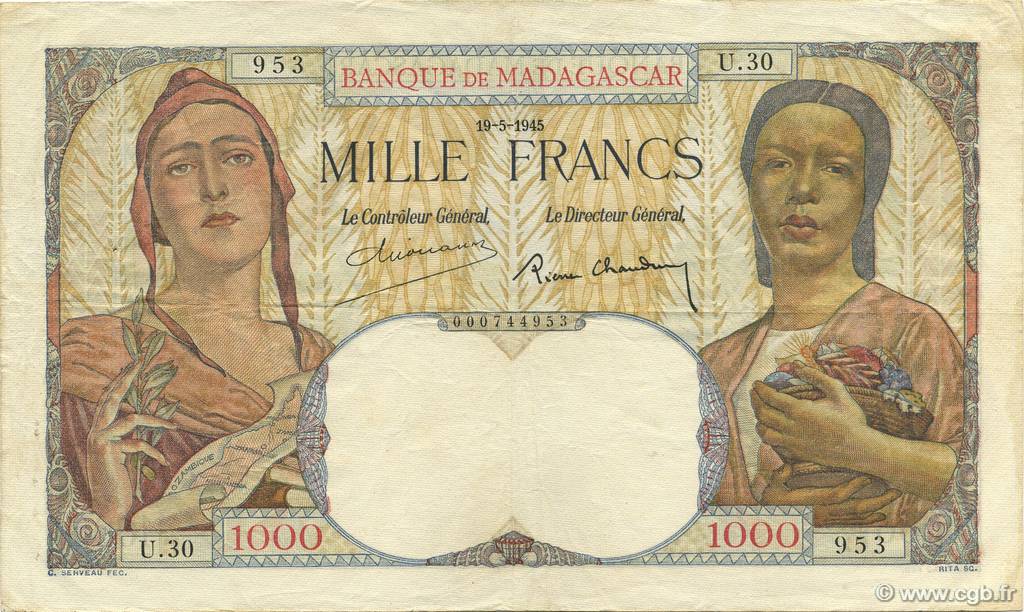 1000 Francs MADAGASCAR  1945 P.041 TTB+