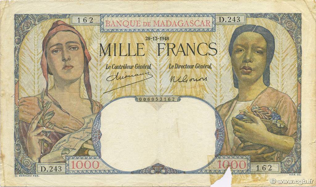 1000 Francs MADAGASCAR  1948 P.041 TB