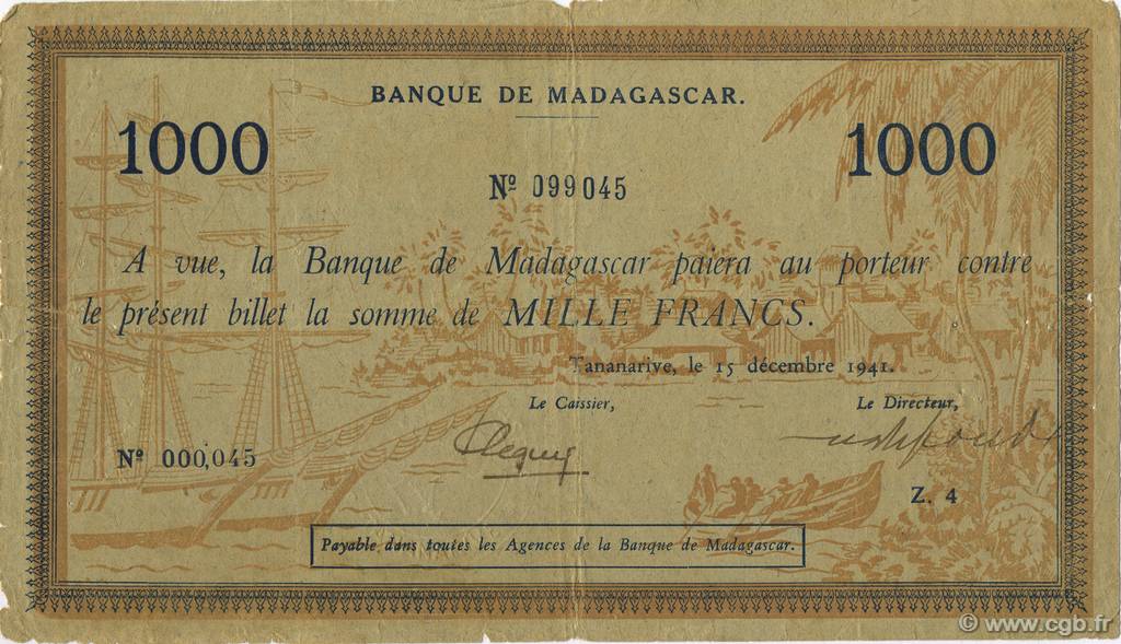 1000 Francs MADAGASCAR  1941 P.043 pr.TB
