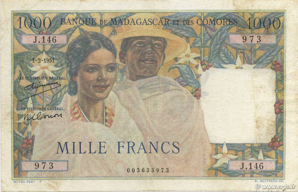 1000 Francs MADAGASCAR  1951 P.048a TTB