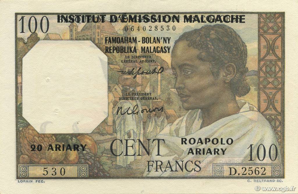 100 Francs - 20 Ariary MADAGASCAR  1961 P.052 SPL