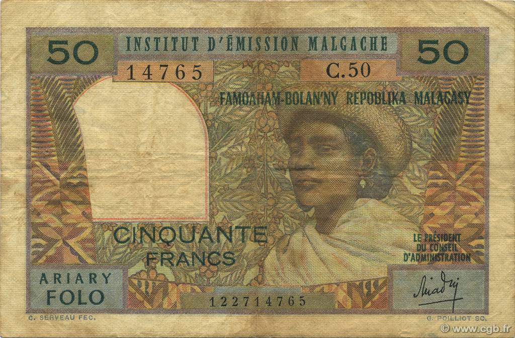 50 Francs - 10 Ariary MADAGASCAR  1962 P.061 TB