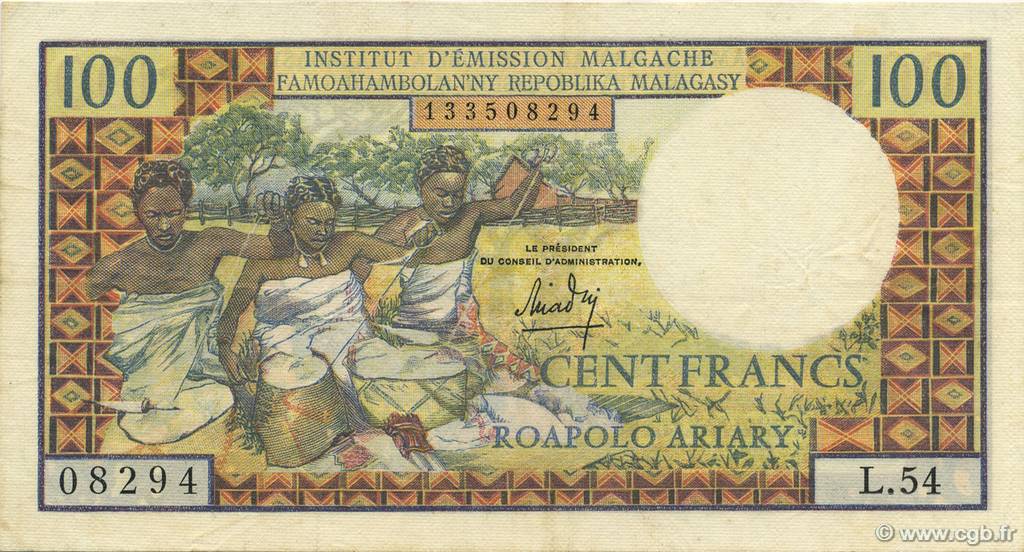 100 Francs - 20 Ariary MADAGASCAR  1964 P.057a pr.SUP