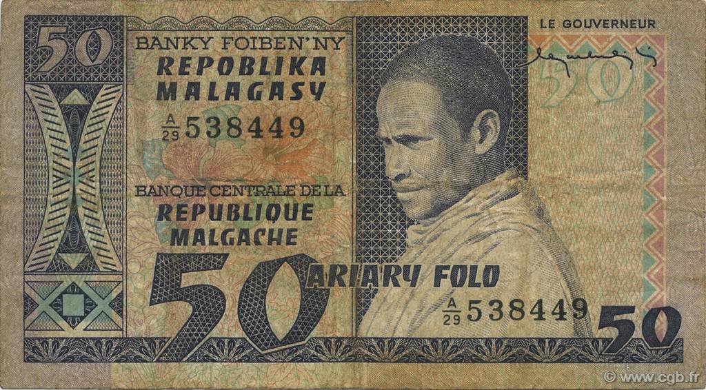 50 Francs - 10 Ariary MADAGASCAR  1974 P.062a TB