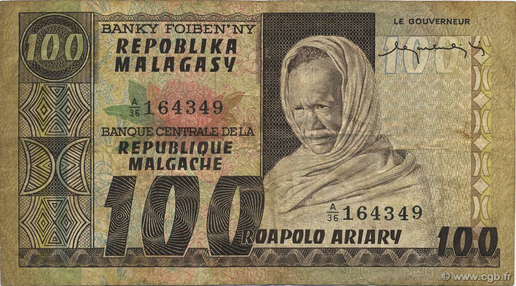 100 Francs - 20 Ariary MADAGASCAR  1974 P.063a TB