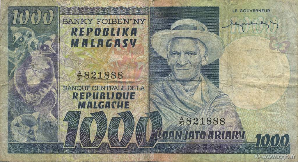 1000 Francs - 200 Ariary MADAGASCAR  1974 P.065a TB