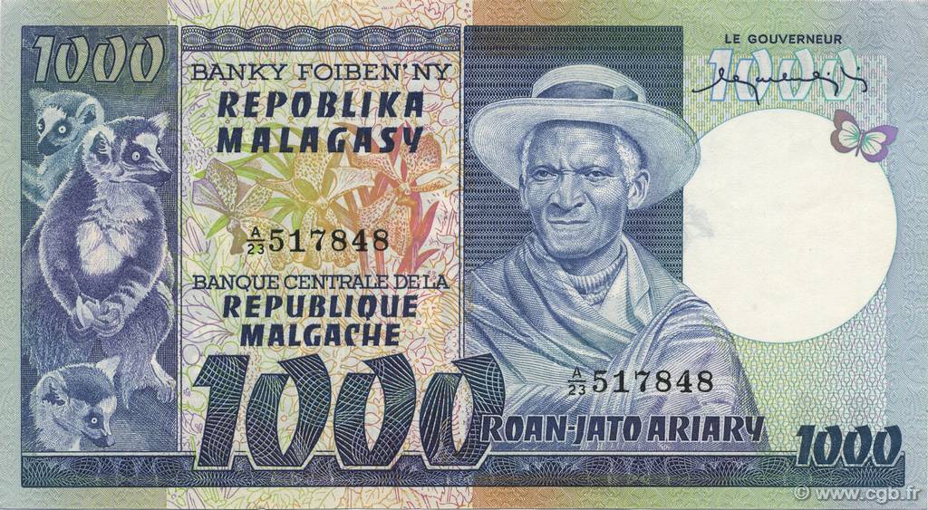 1000 Francs - 200 Ariary MADAGASCAR  1974 P.065a SPL