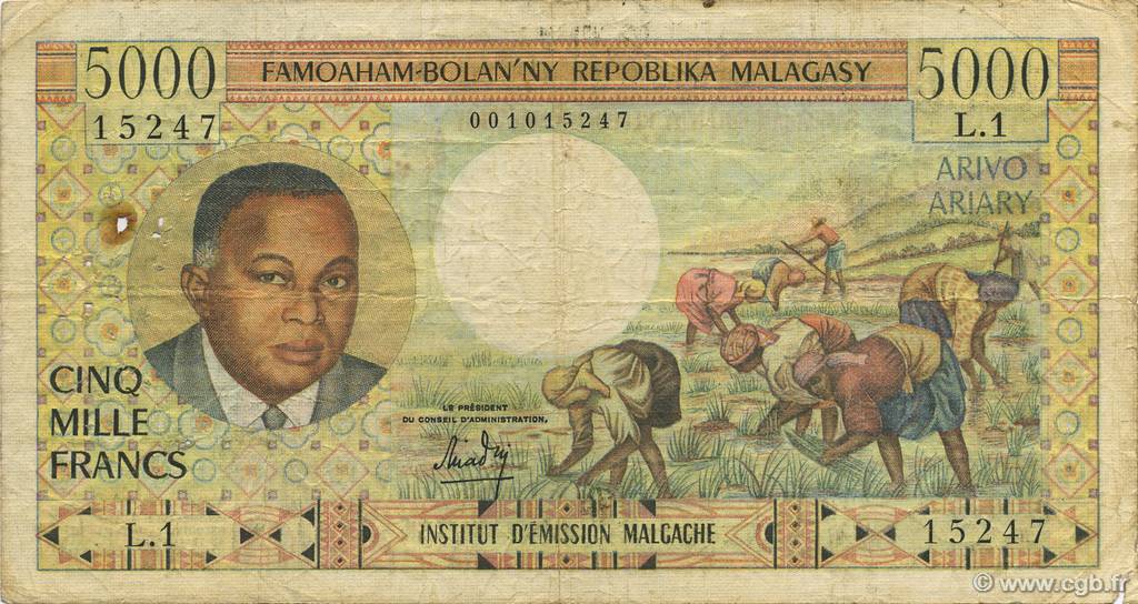 5000 Francs - 1000 Ariary MADAGASCAR  1966 P.060a B+