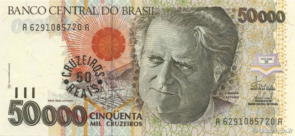 50 Cruzeiros Reais sur 50000 Cruzeiros  BRÉSIL  1993 P.237 NEUF