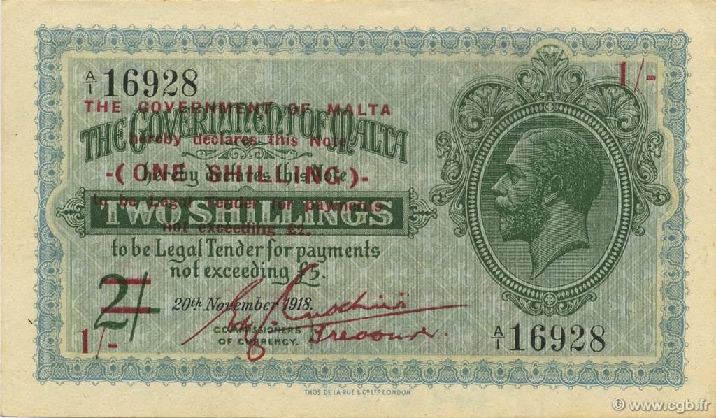 1 Shilling sur 2 Shillings MALTE  1940 P.15 pr.NEUF