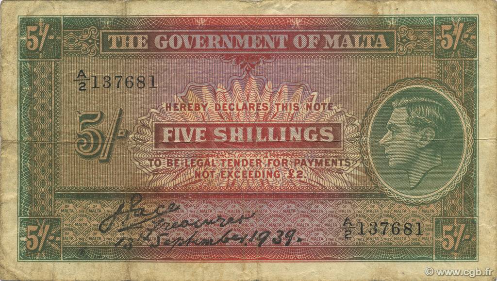 5 Shillings MALTE  1939 P.12 TB+