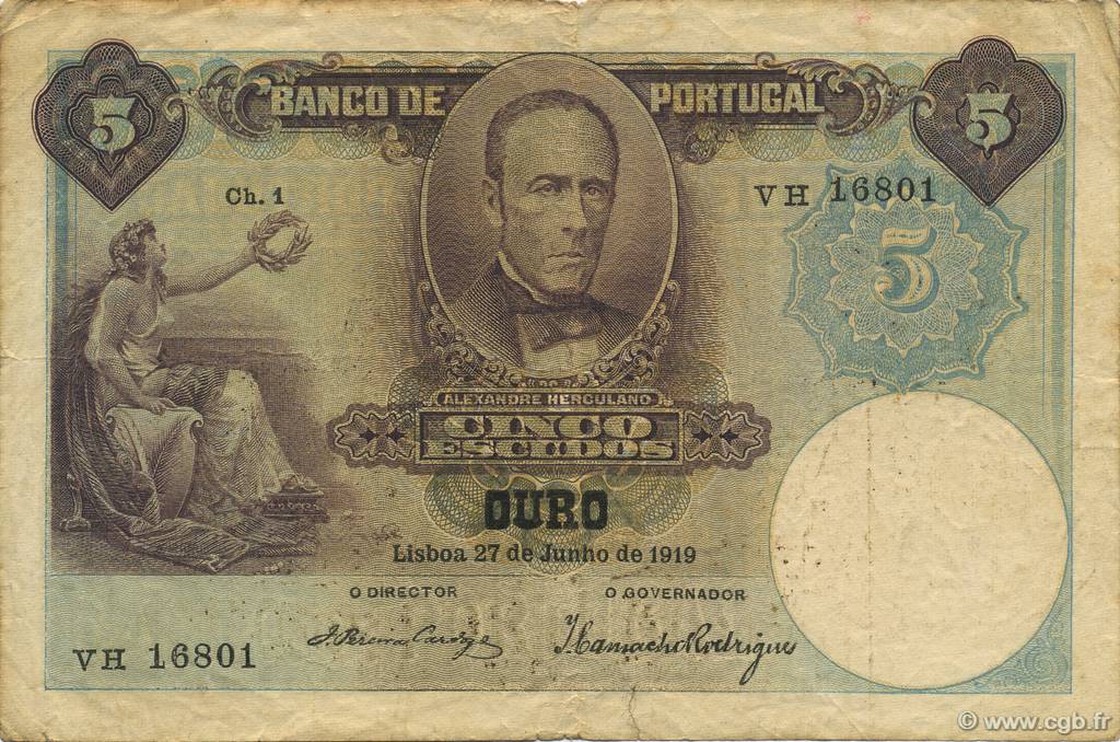 5 Escudos PORTUGAL  1919 P.114 TB