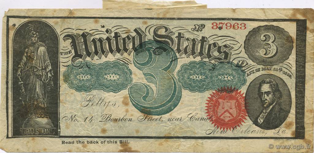 3 Dollars ÉTATS-UNIS D AMÉRIQUE  1869  TB