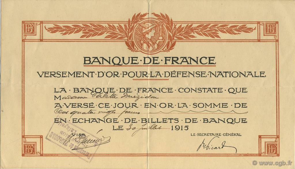 180 Francs FRANCE régionalisme et divers  1915  TTB+