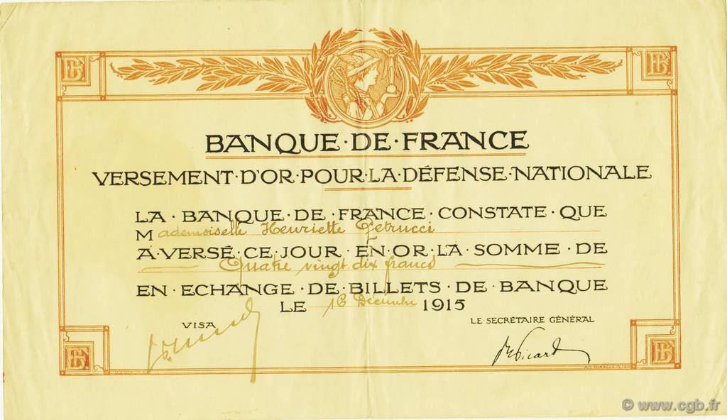 90 Francs FRANCE régionalisme et divers  1915  SUP+