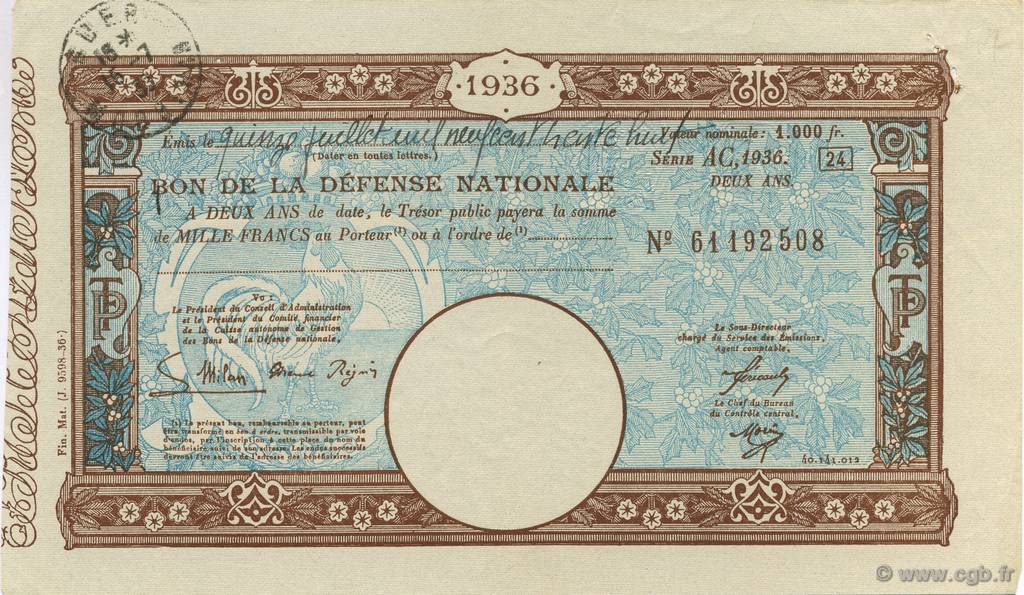 1000 Francs FRANCE régionalisme et divers  1936  SUP+