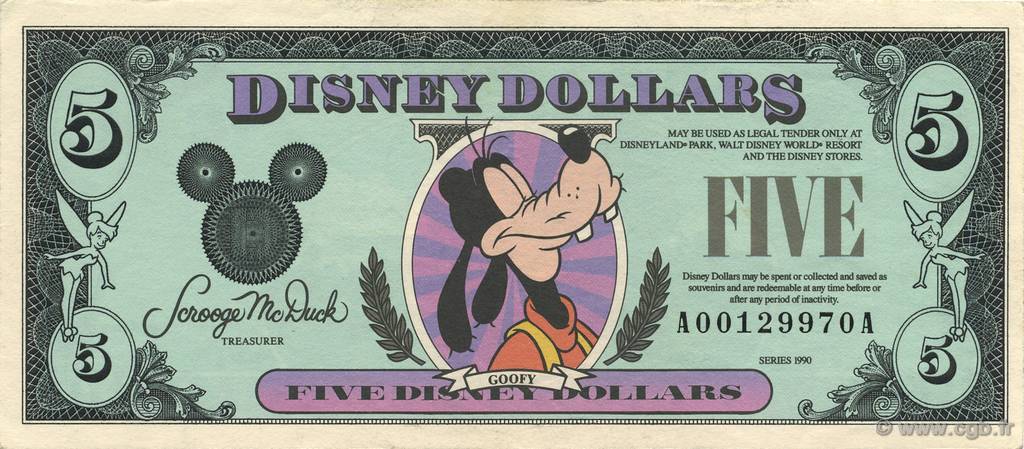 5 Disney dollars ÉTATS-UNIS D AMÉRIQUE  1988  SPL