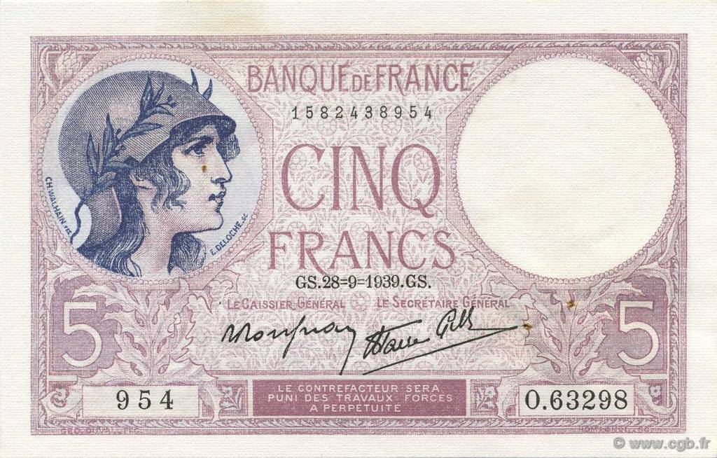 5 Francs FEMME CASQUÉE modifié FRANCIA  1939 F.04.10 SPL a AU