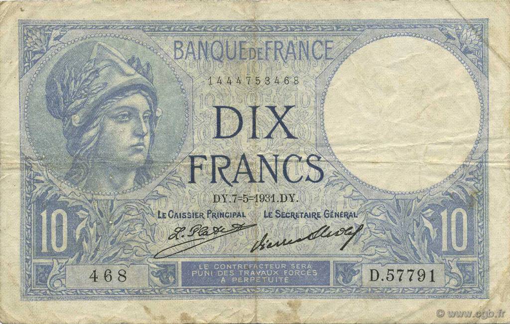 10 Francs MINERVE FRANCE  1931 F.06.15 TB+