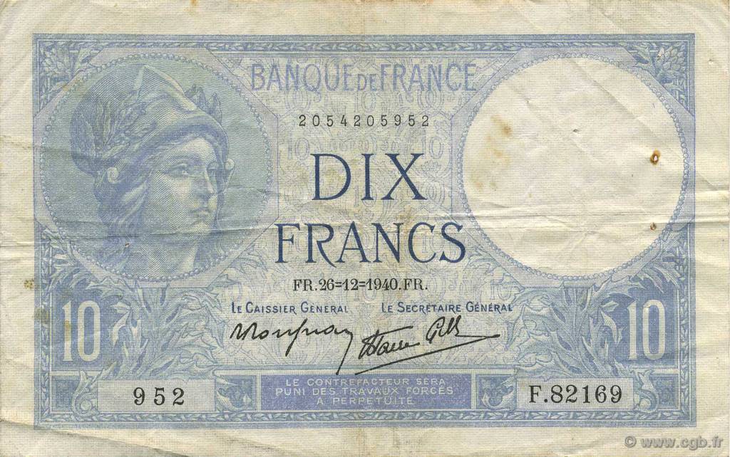 10 Francs MINERVE modifié FRANCE  1940 F.07.25 TB+