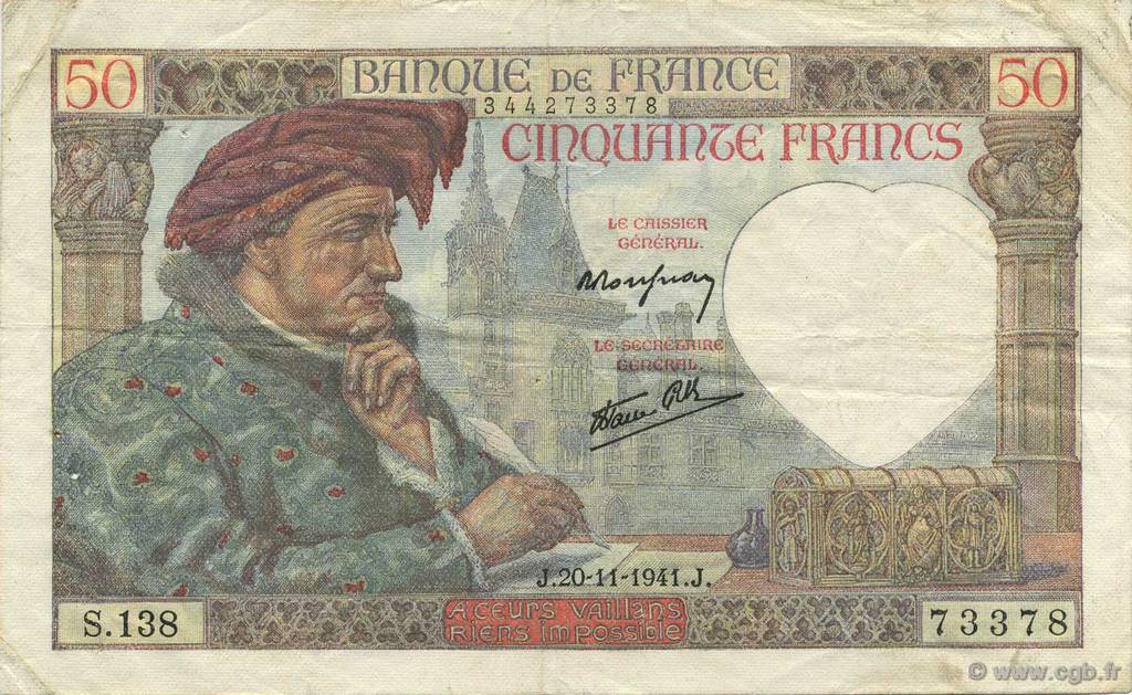 50 Francs JACQUES CŒUR FRANCE  1941 F.19.16 TTB