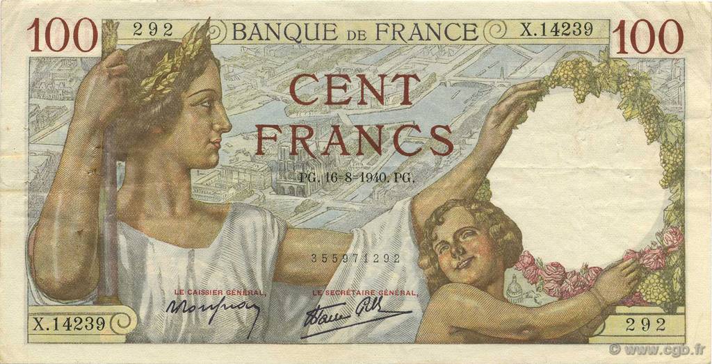 100 Francs SULLY FRANCE  1940 F.26.36 TTB+