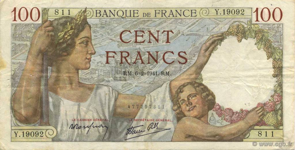 100 Francs SULLY FRANCE  1941 F.26.46 TTB