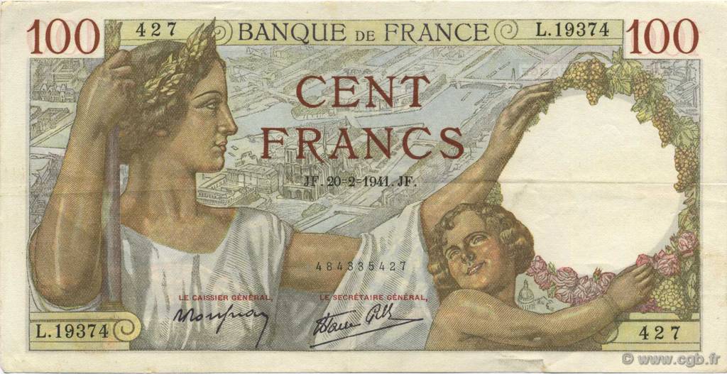 100 Francs SULLY FRANCE  1941 F.26.47 pr.SUP