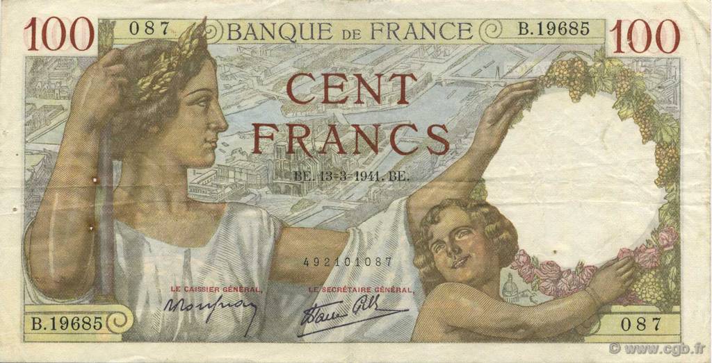 100 Francs SULLY FRANCE  1941 F.26.48 TTB