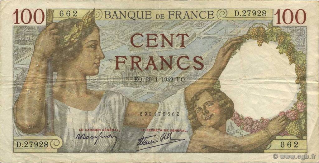 100 Francs SULLY FRANCE  1942 F.26.65 TB+