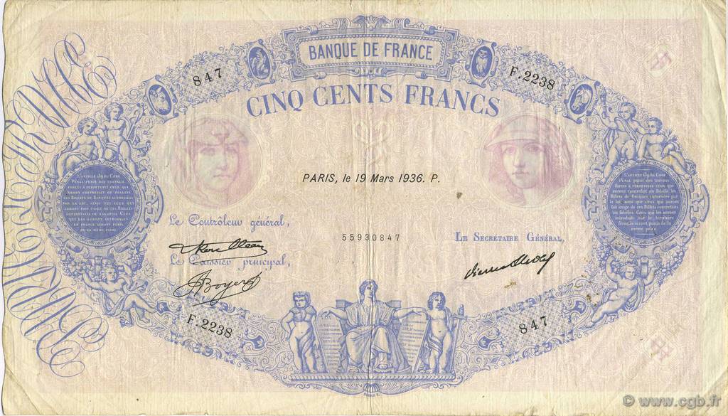 500 Francs BLEU ET ROSE FRANCE  1936 F.30.37 TB+