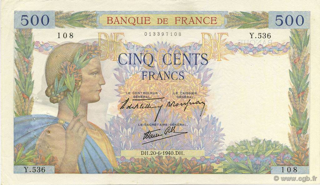 500 Francs LA PAIX FRANCIA  1940 F.32.03 q.SPL