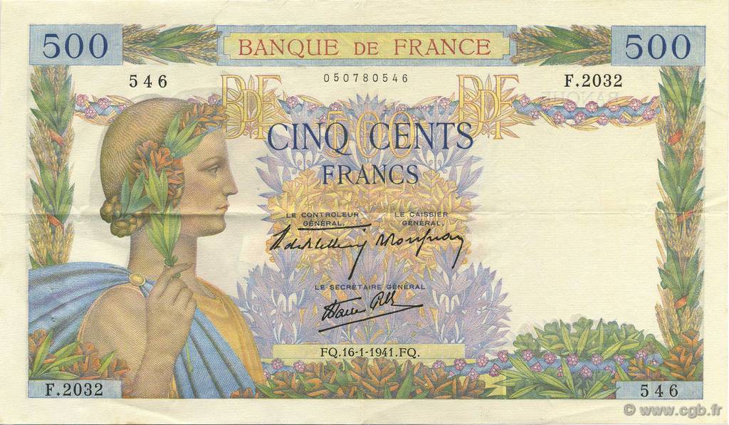 500 Francs LA PAIX FRANCE  1941 F.32.13 SUP