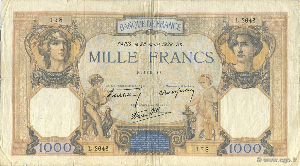 1000 Francs CÉRÈS ET MERCURE type modifié FRANCE  1938 F.38.25 TB+