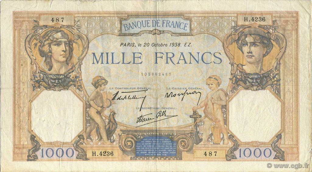 1000 Francs CÉRÈS ET MERCURE type modifié FRANCE  1938 F.38.30 TB