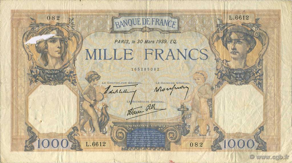 1000 Francs CÉRÈS ET MERCURE type modifié FRANCE  1939 F.38.35 TB
