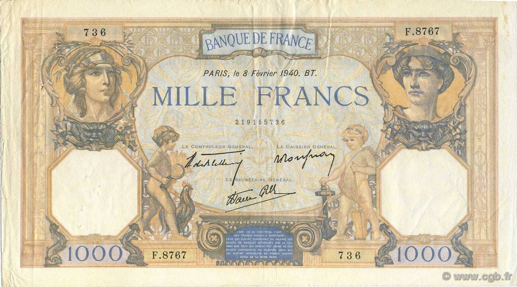 1000 Francs CÉRÈS ET MERCURE type modifié FRANCE  1940 F.38.42 TTB+