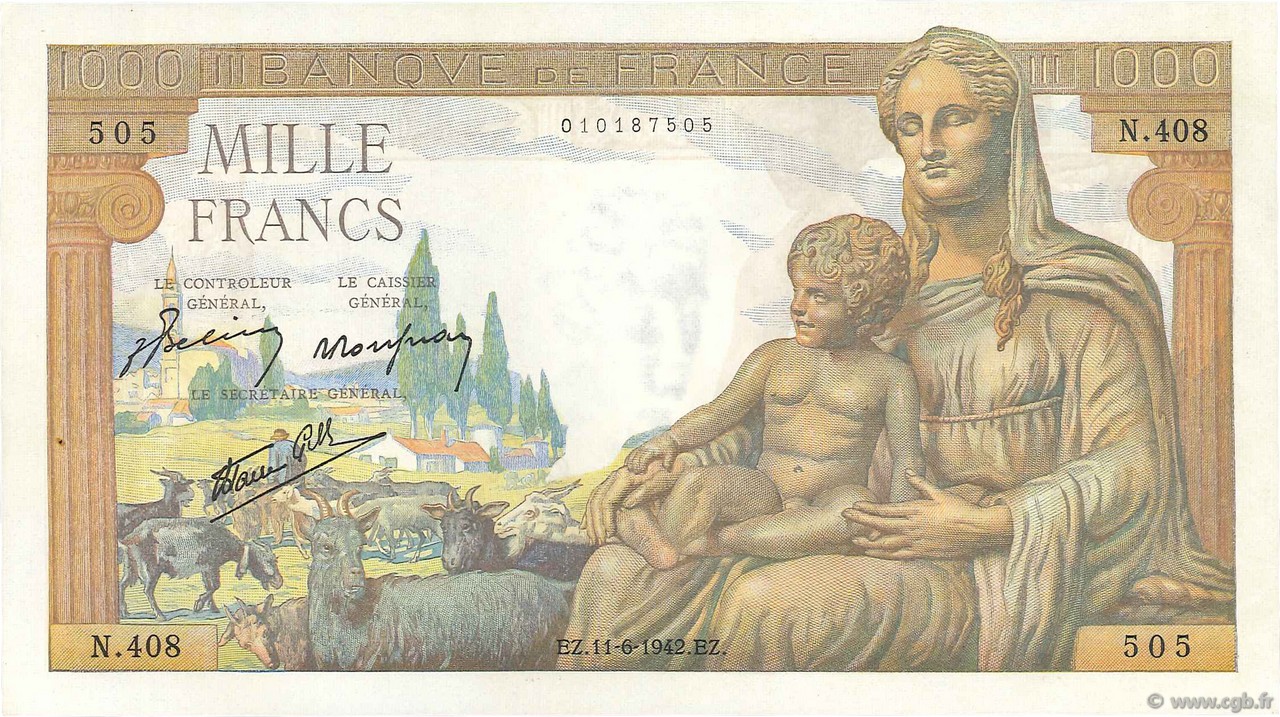 1000 Francs DÉESSE DÉMÉTER FRANCE  1942 F.40.02 SPL