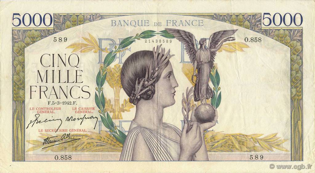 5000 Francs VICTOIRE Impression à plat FRANCE  1942 F.46.34 TTB+